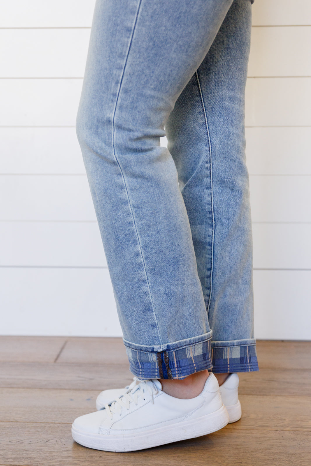 Miranda High Rise Plaid Cuff Vintage Straight Jeans