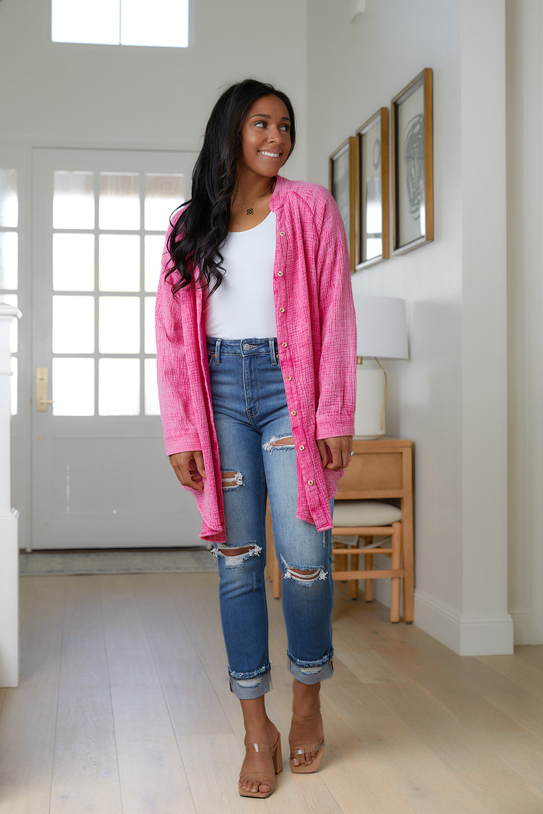 Corey Button Up Top in Fuchsia!