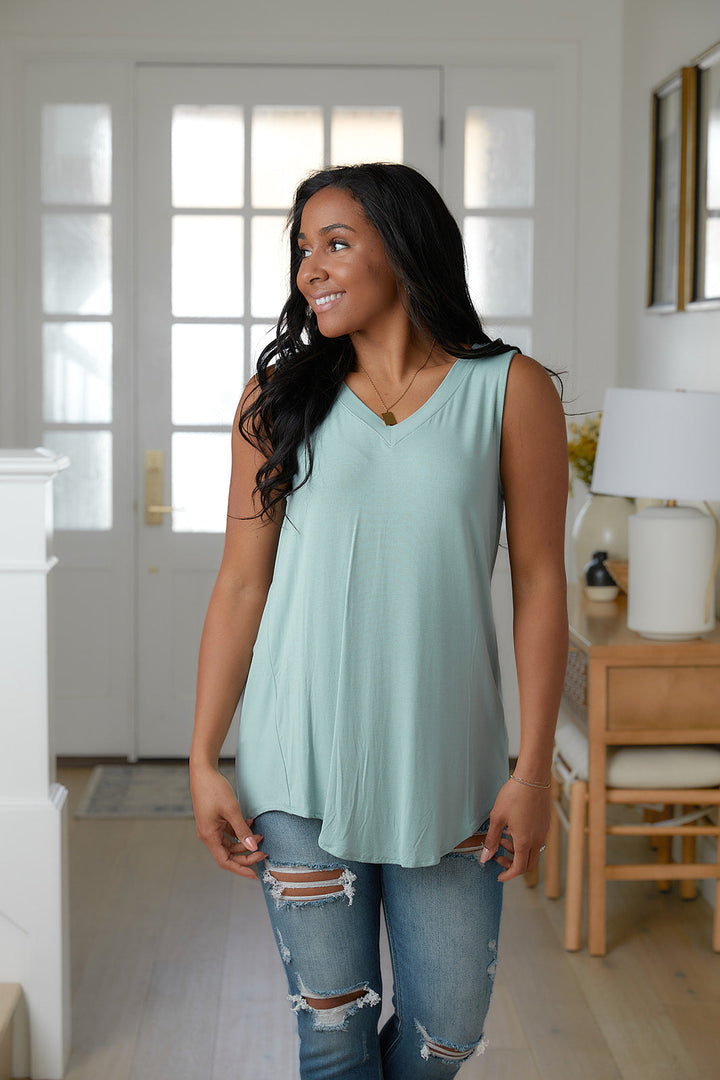 Trust Me V-Neck Tank in Dusty Green!