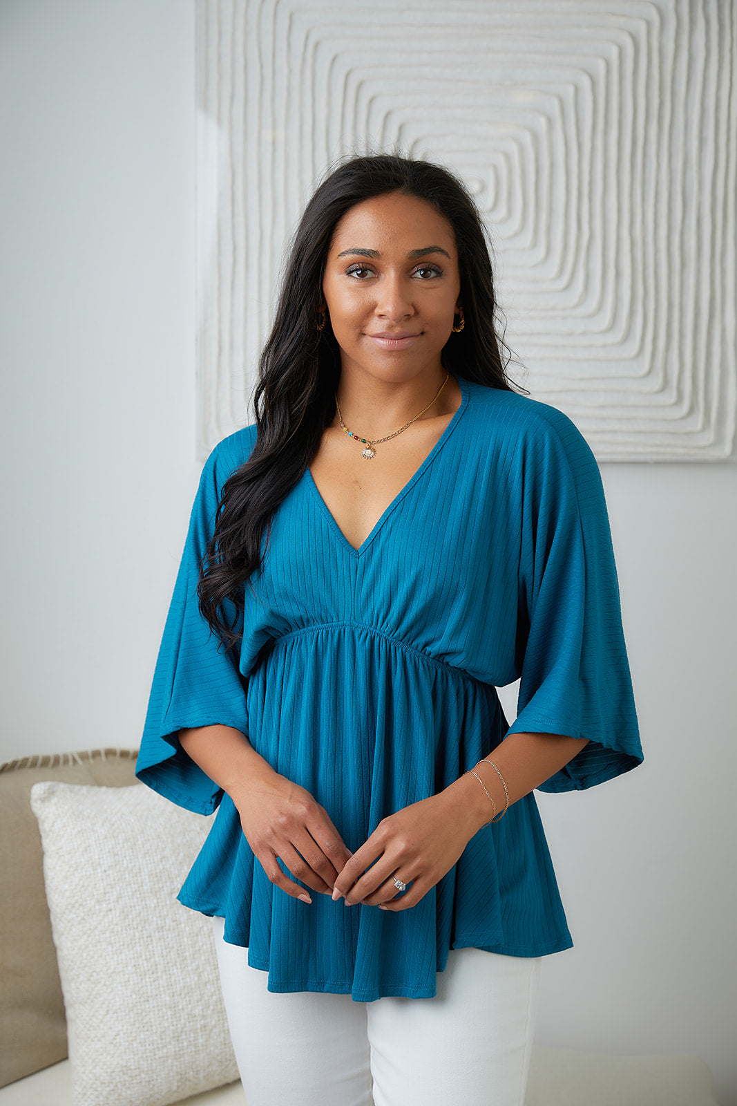 Storied Moments Draped Peplum Top in Teal!