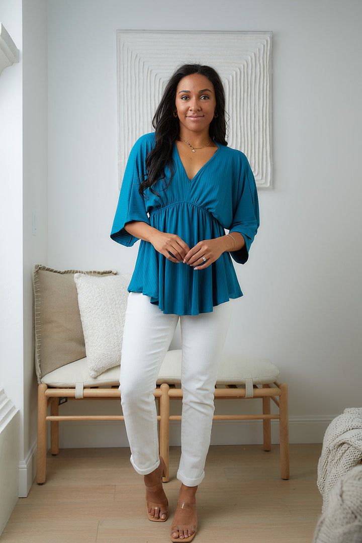 Storied Moments Draped Peplum Top in Teal!