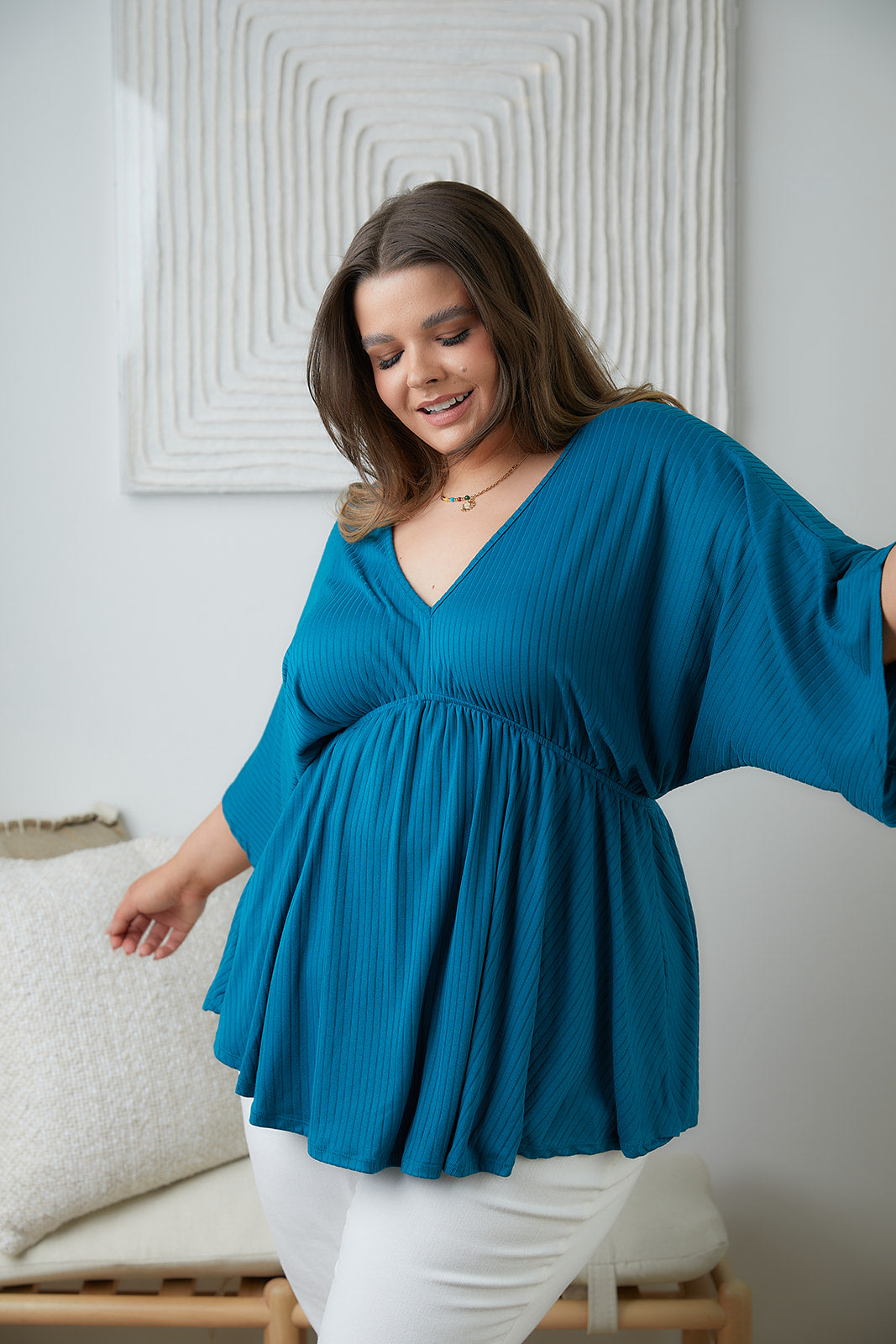 Storied Moments Draped Peplum Top in Teal!