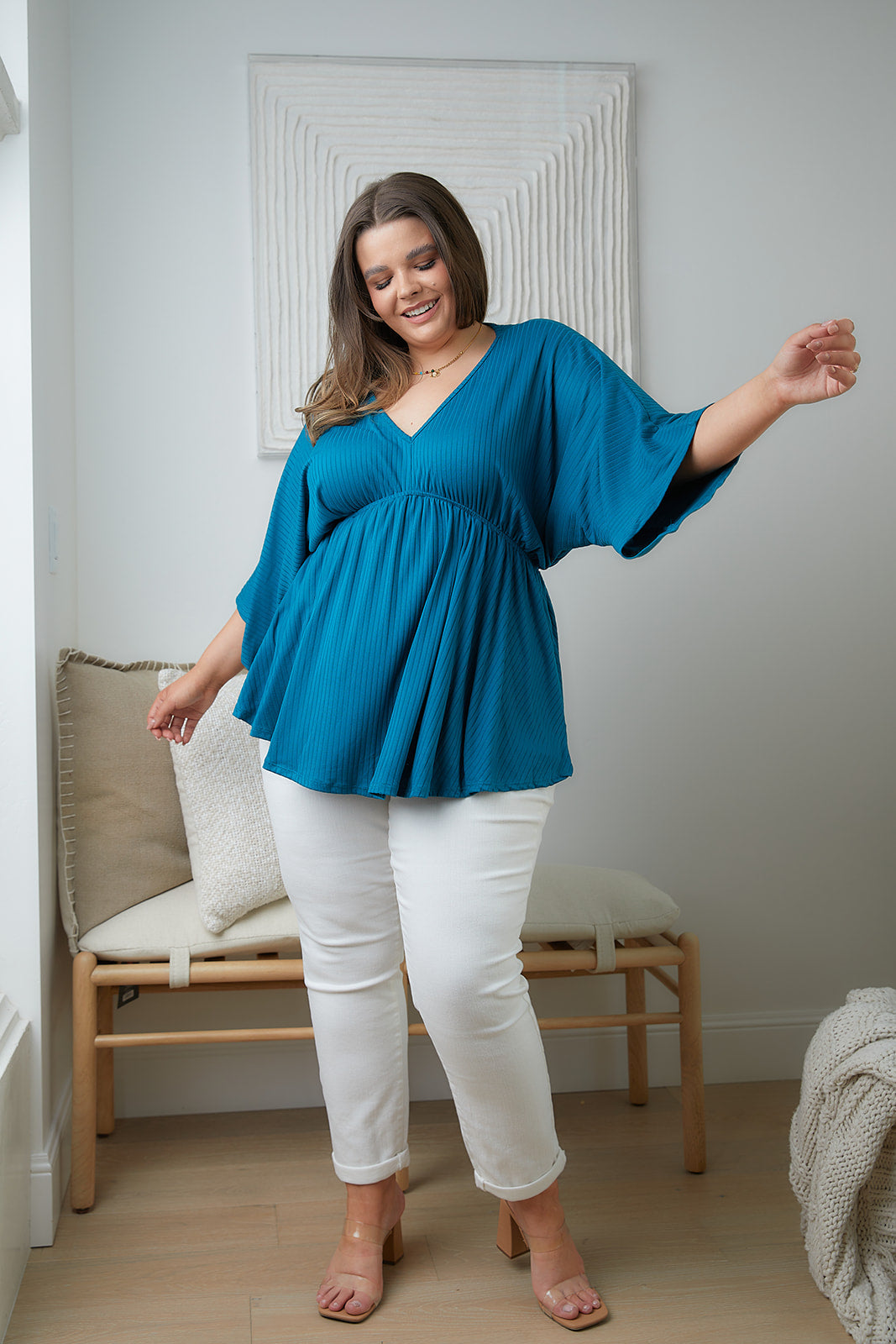 Storied Moments Draped Peplum Top in Teal!