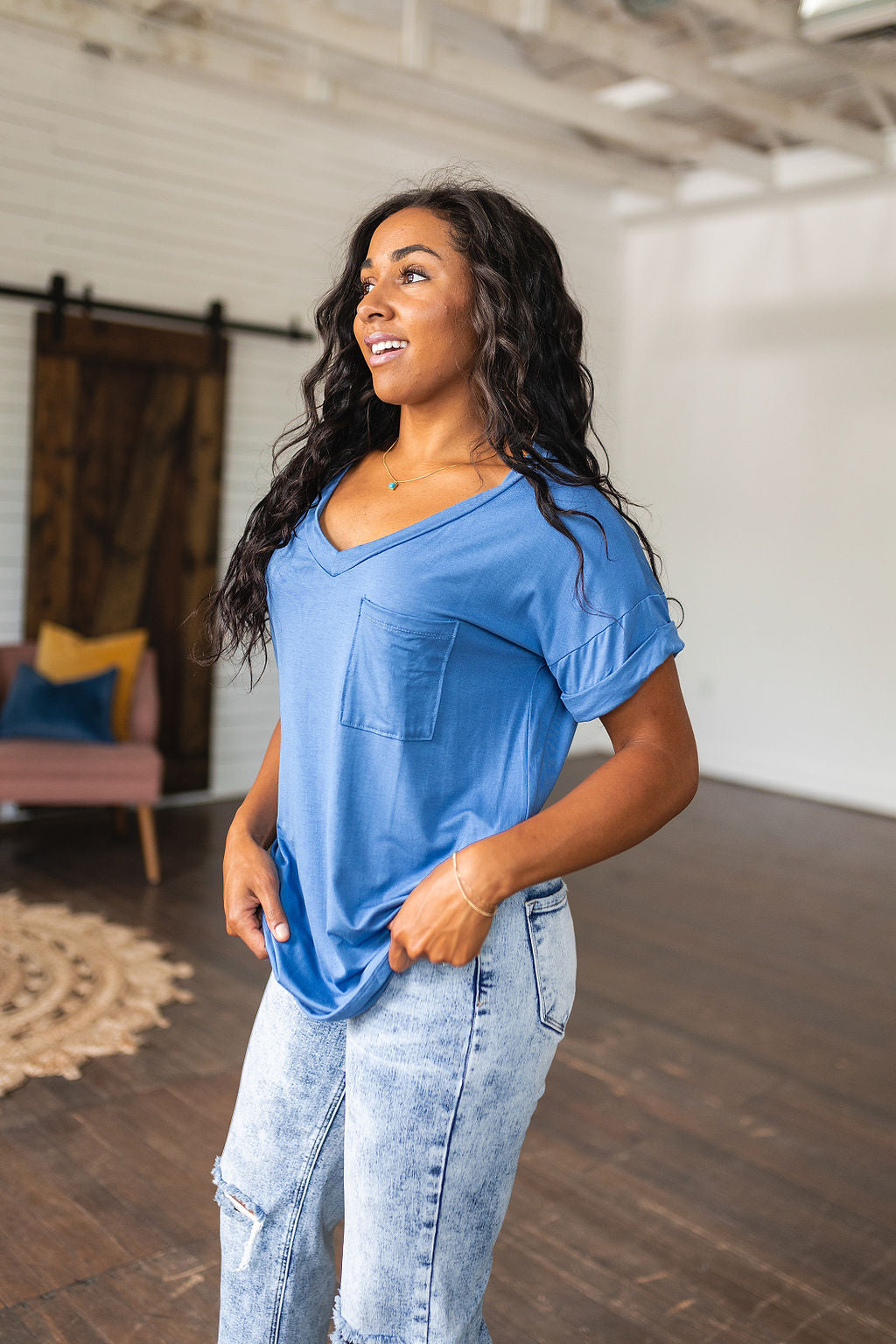 Absolute Favorite V-Neck Top in Azure!