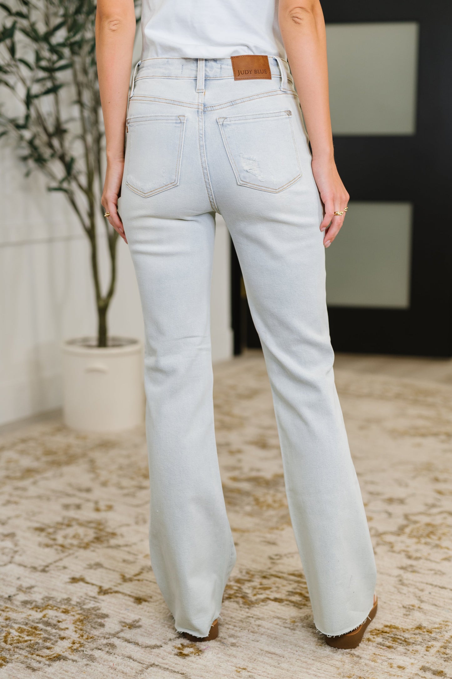 Light blue jeans worn by a person indoors with a plant and rug in the background