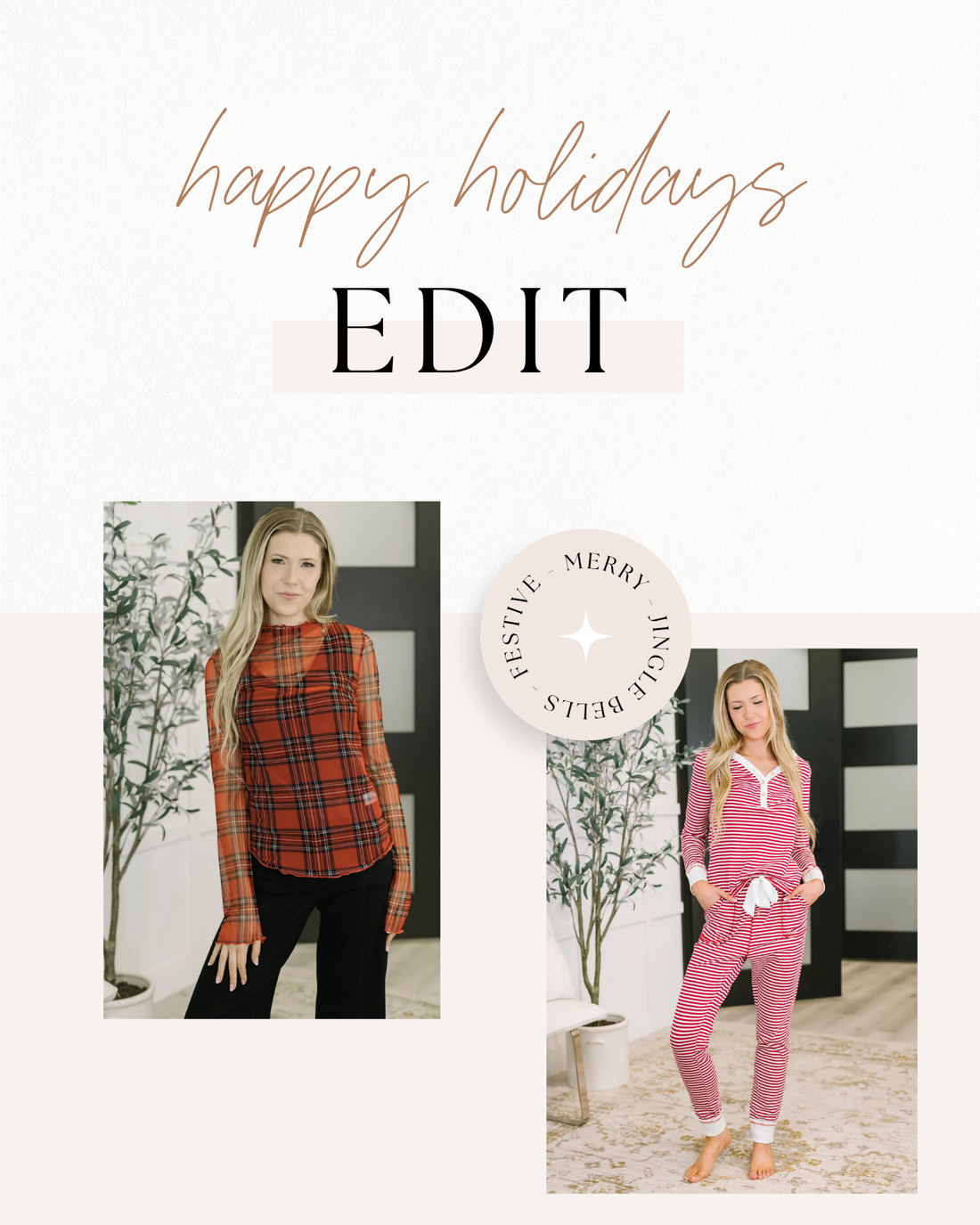 Two people wearing festive clothing with 'Happy Holidays Edit' text and a decorative element.