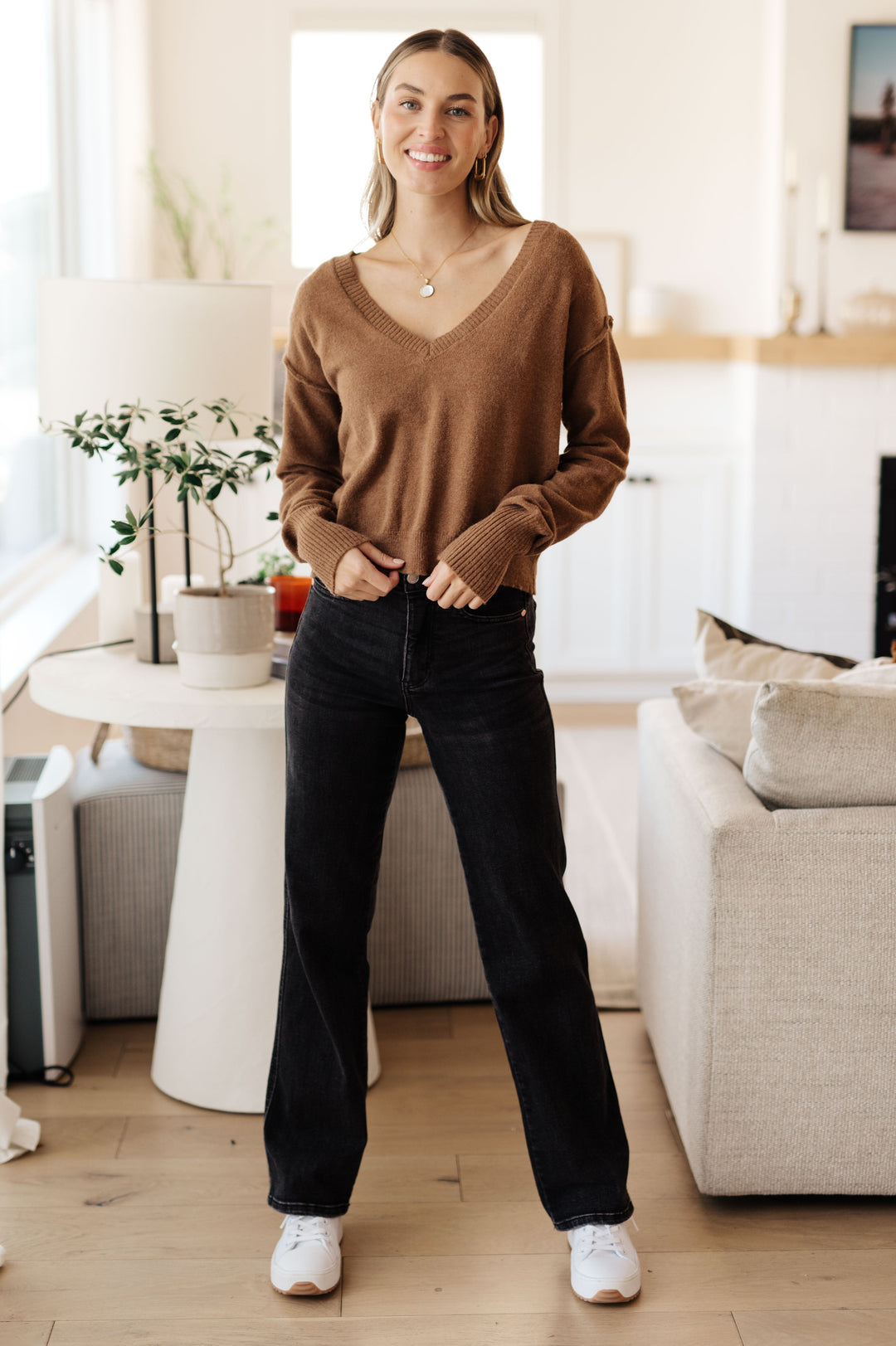 Back to Life V-Neck Sweater in Mocha!