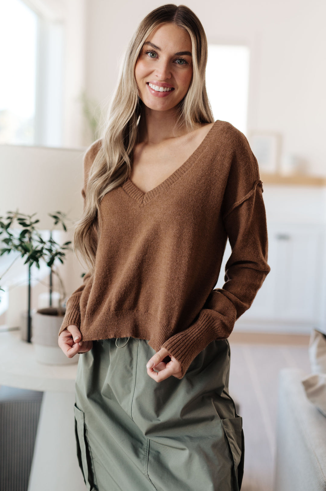 Back to Life V-Neck Sweater in Mocha!