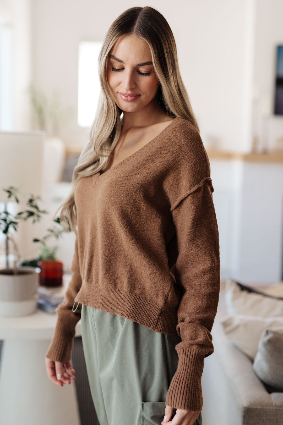 Back to Life V-Neck Sweater in Mocha!