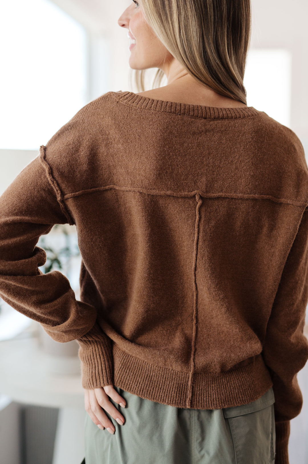 Back to Life V-Neck Sweater in Mocha!