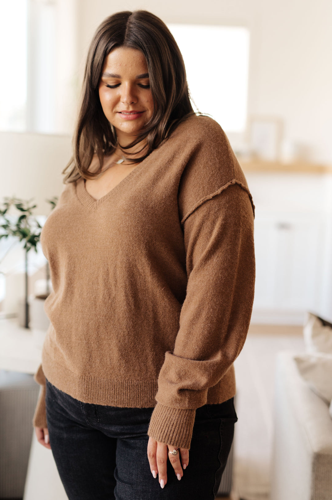 Back to Life V-Neck Sweater in Mocha!