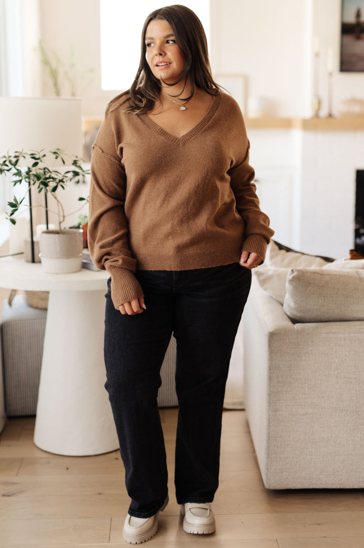 Back to Life V-Neck Sweater in Mocha!