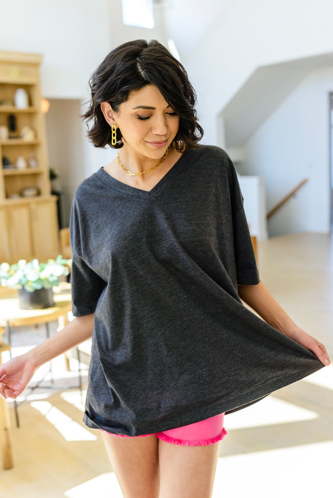 Boxy V Neck Boyfriend Tee In Charcoal!