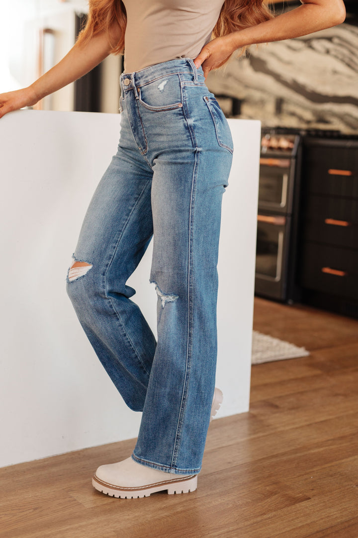 Judy Blue High Rise Control Top Distressed Straight Jeans