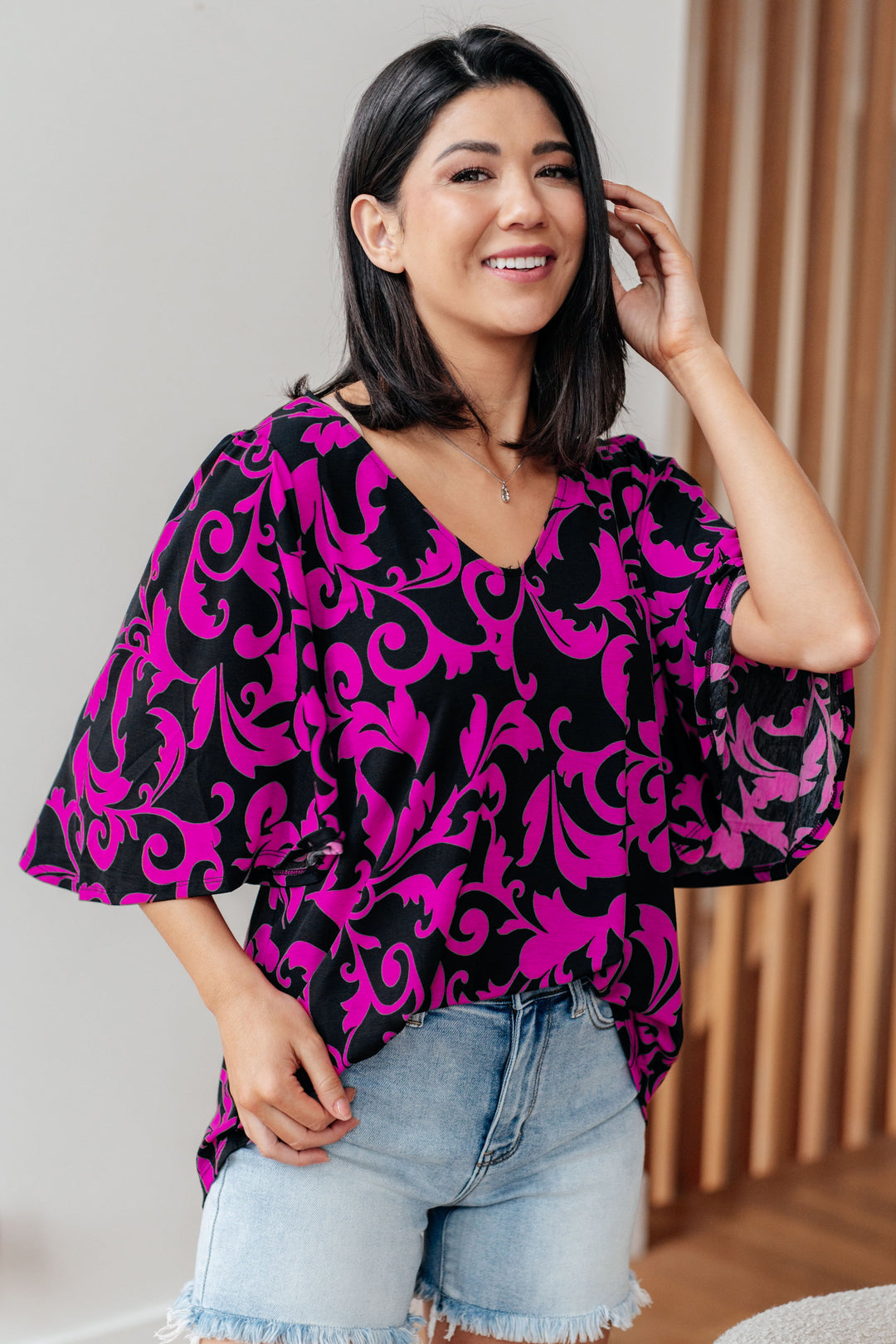 Casually Cute V-Neck Top in Magenta!