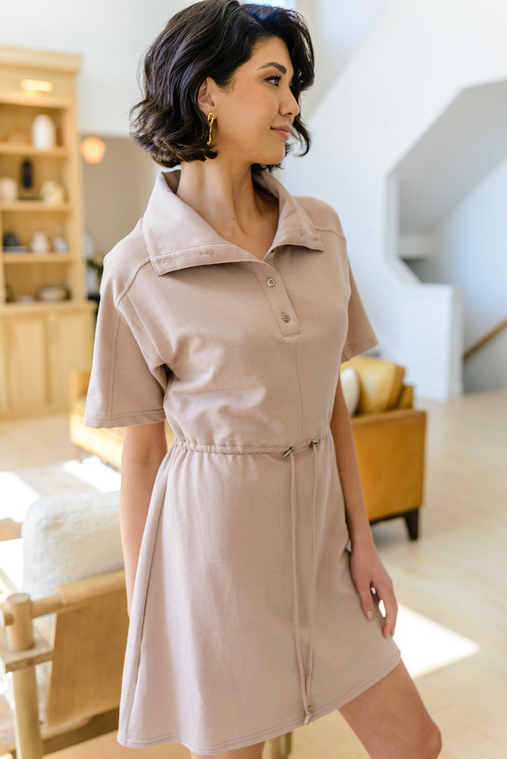 Darla Button Up Collared Dress in Taupe!