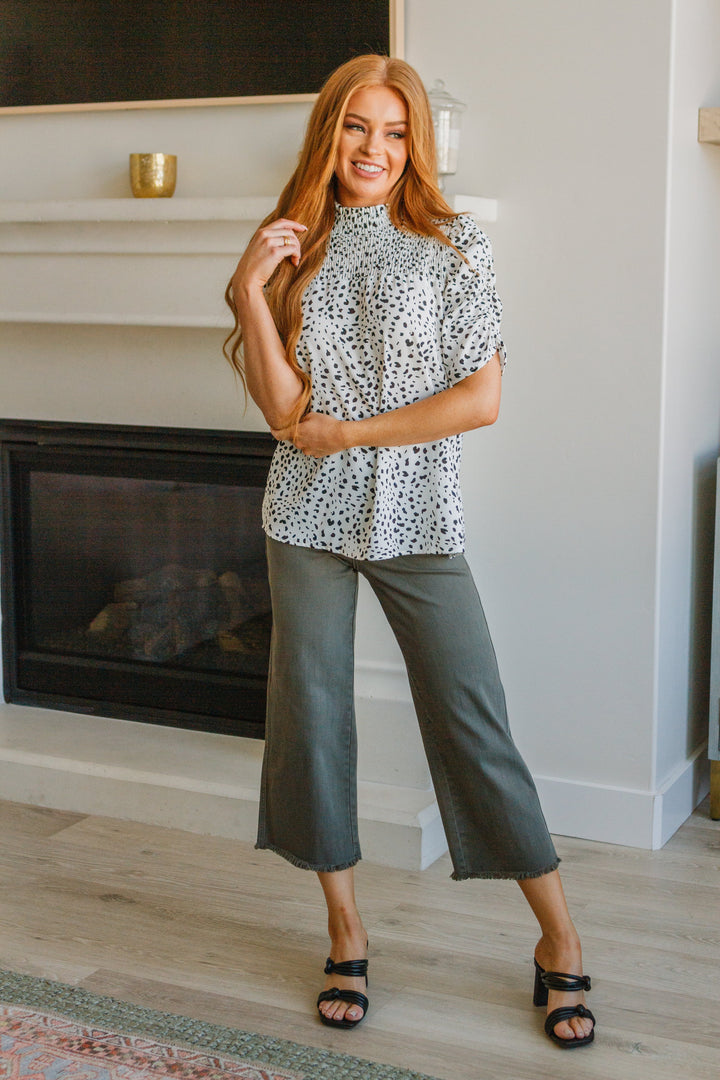 Dottie Ruched Mock Neck Blouse!