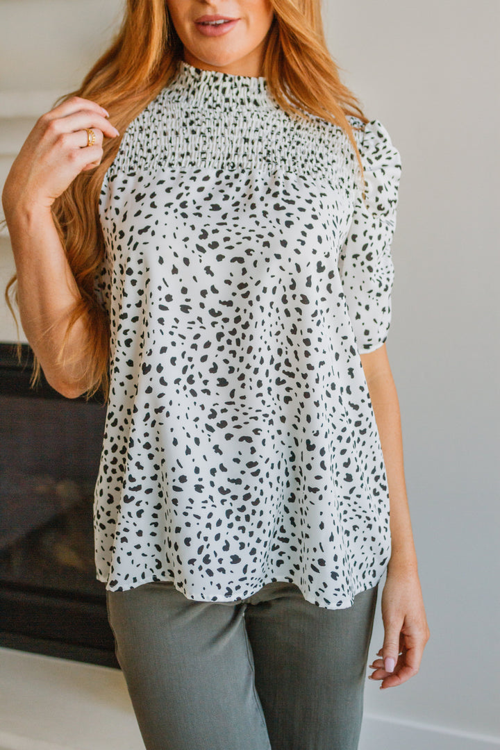 Dottie Ruched Mock Neck Blouse!