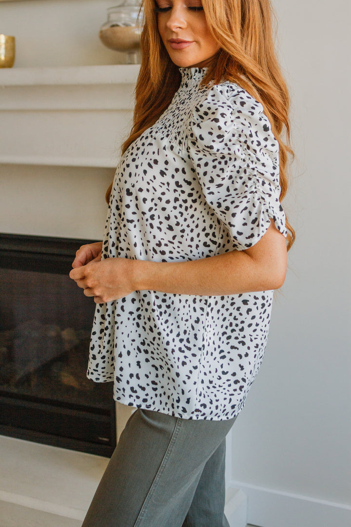 Dottie Ruched Mock Neck Blouse!