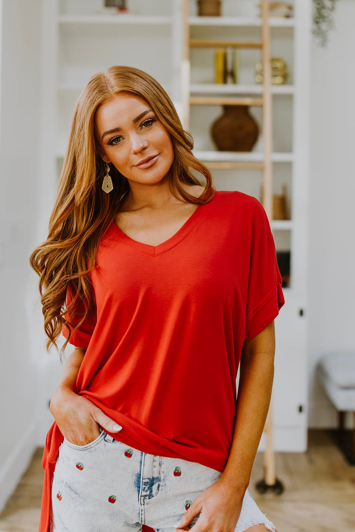 Easy Mornings V-Neck T-Shirt In Red!