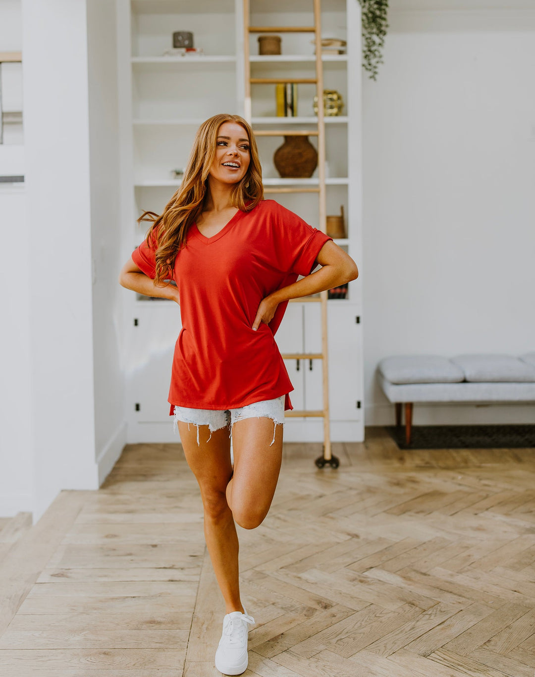 Easy Mornings V-Neck T-Shirt In Red!