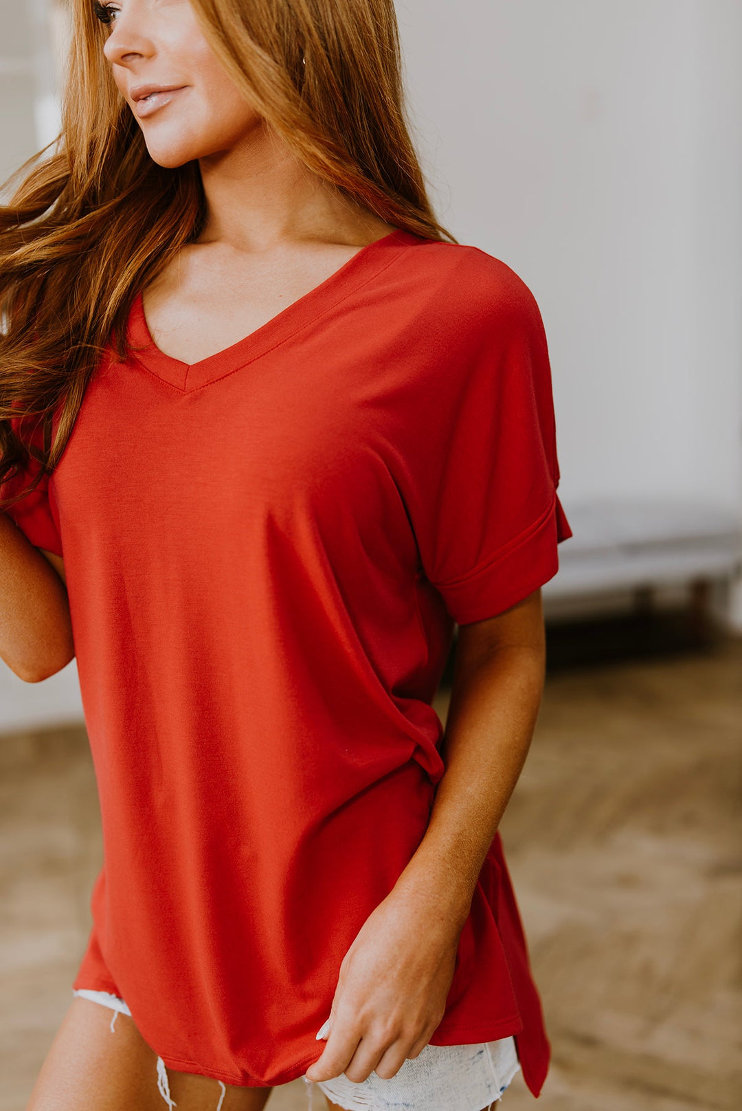 Easy Mornings V-Neck T-Shirt In Red!