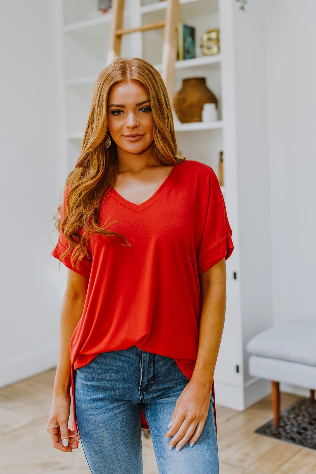 Easy Mornings V-Neck T-Shirt In Red!