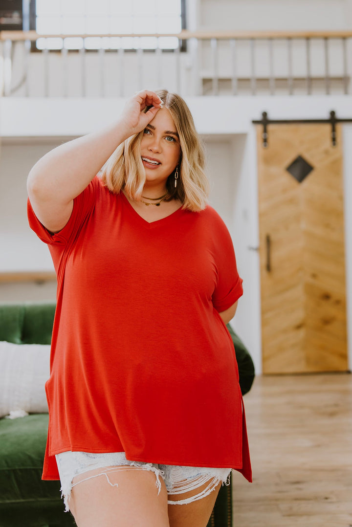 Easy Mornings V-Neck T-Shirt In Red!