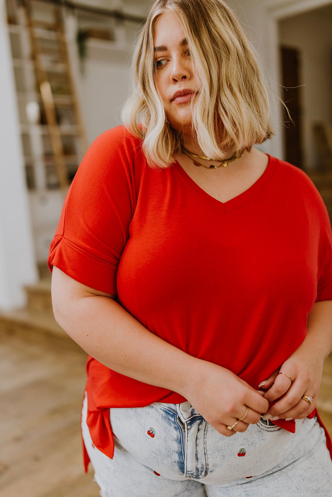 Easy Mornings V-Neck T-Shirt In Red!