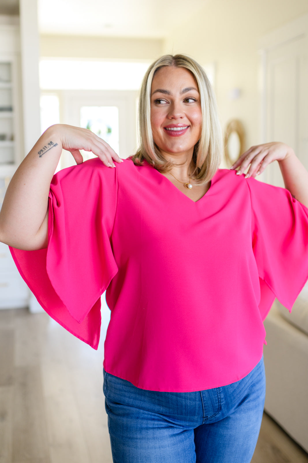 Forever Fine V-Neck Flounce Sleeve Blouse!