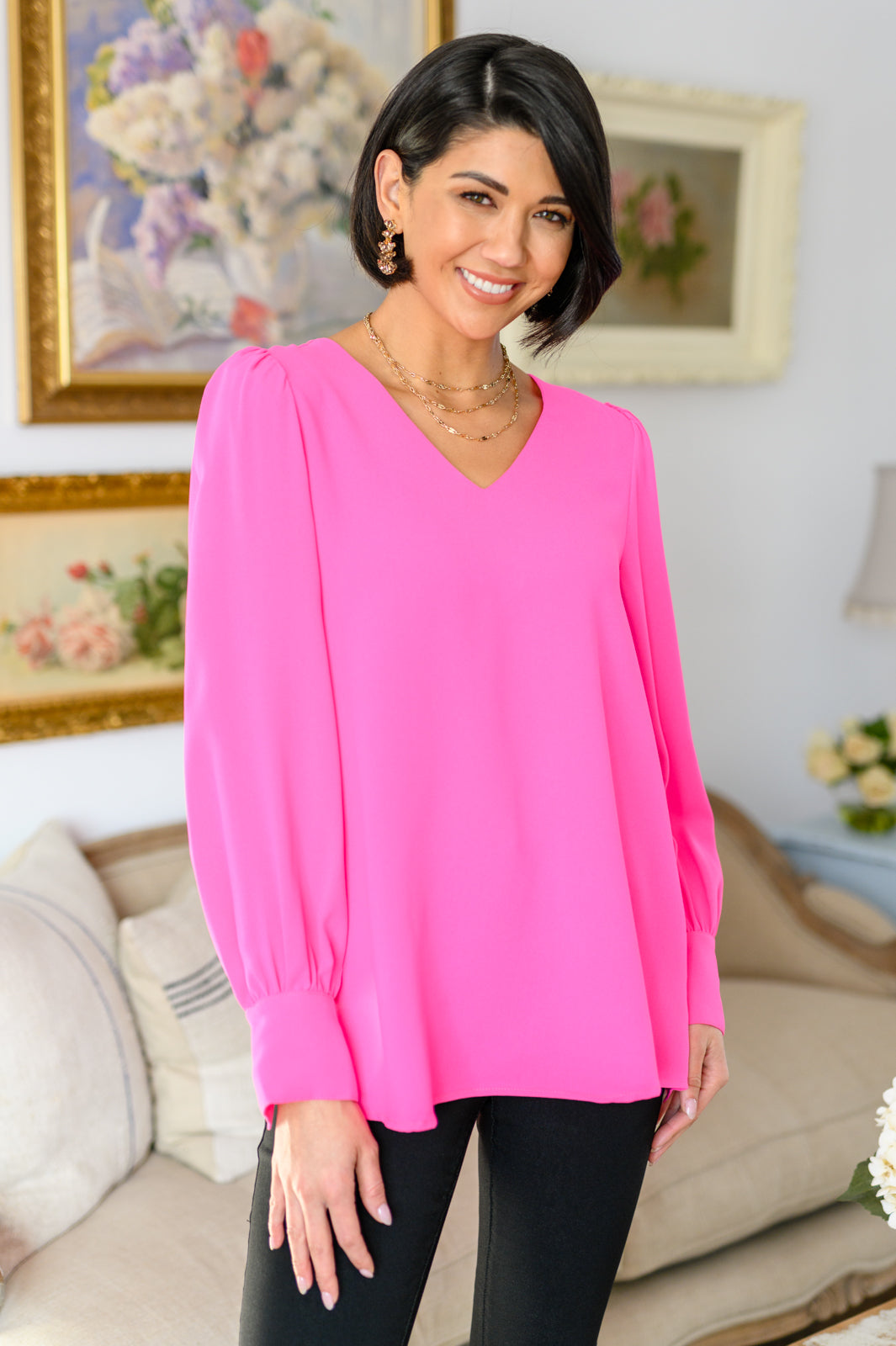 Foxglove Long Sleeve V Neck Blouse!