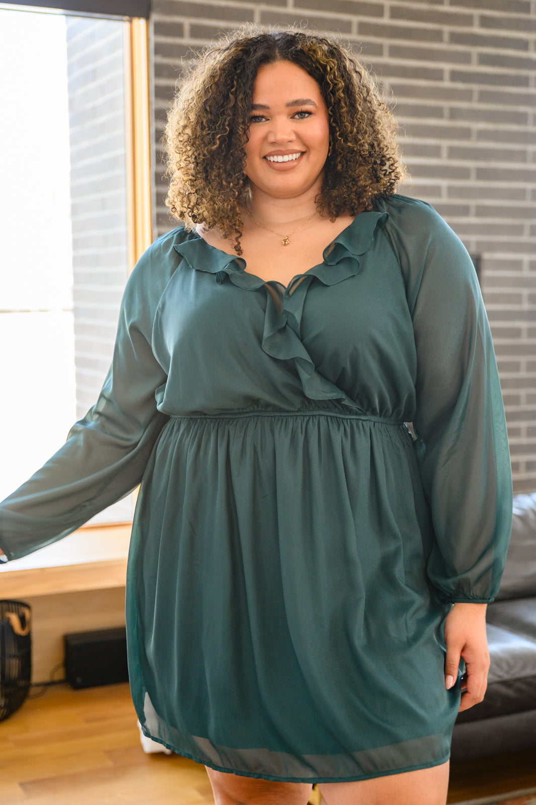 Front And Center Balloon Sleeve Dress in Green!