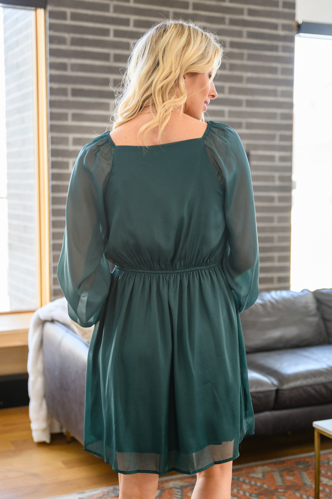 Front And Center Balloon Sleeve Dress in Green!