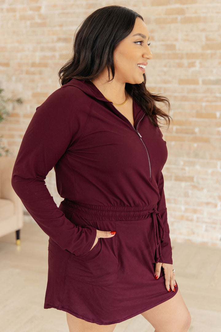 Getting Out Long Sleeve Hoodie Romper in Maroon!