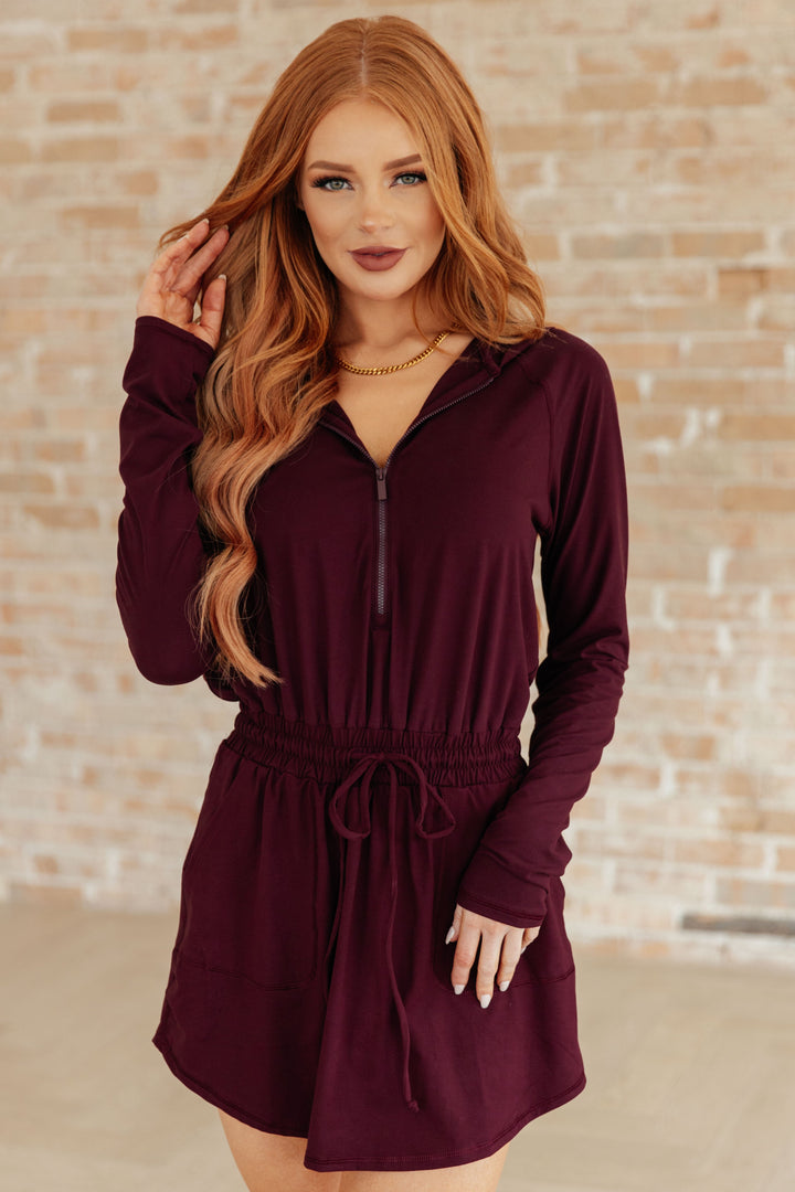 Getting Out Long Sleeve Hoodie Romper in Maroon!