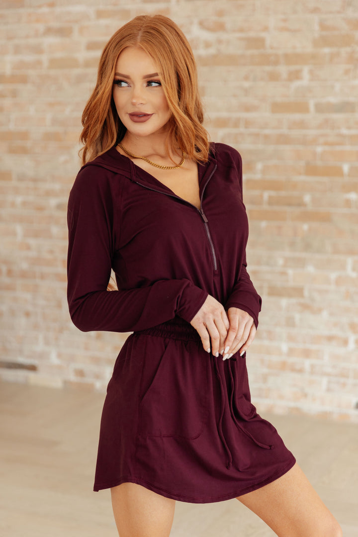 Getting Out Long Sleeve Hoodie Romper in Maroon!