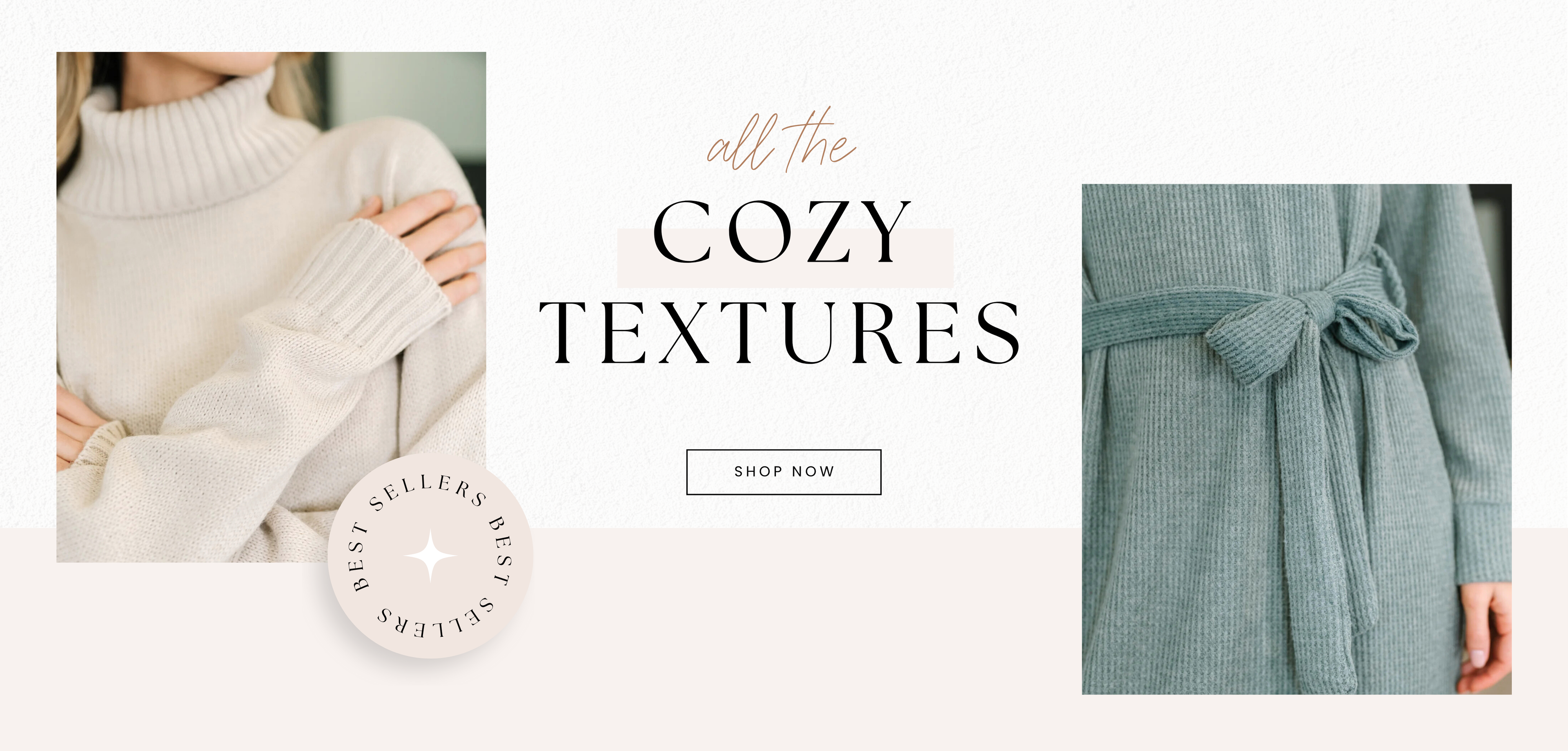 Textured clothing with 'all the cozy textures' and 'Shop Now' button on a white background.
