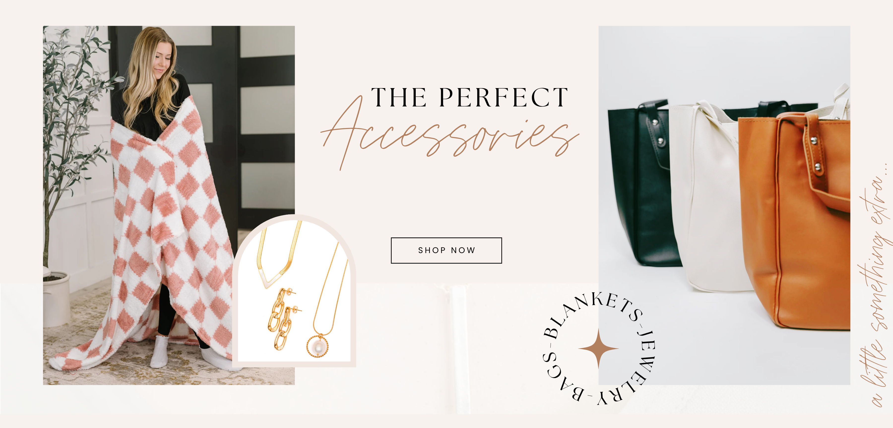 Promotional banner for accessories with a woman holding a blanket, jewelry, and bags.