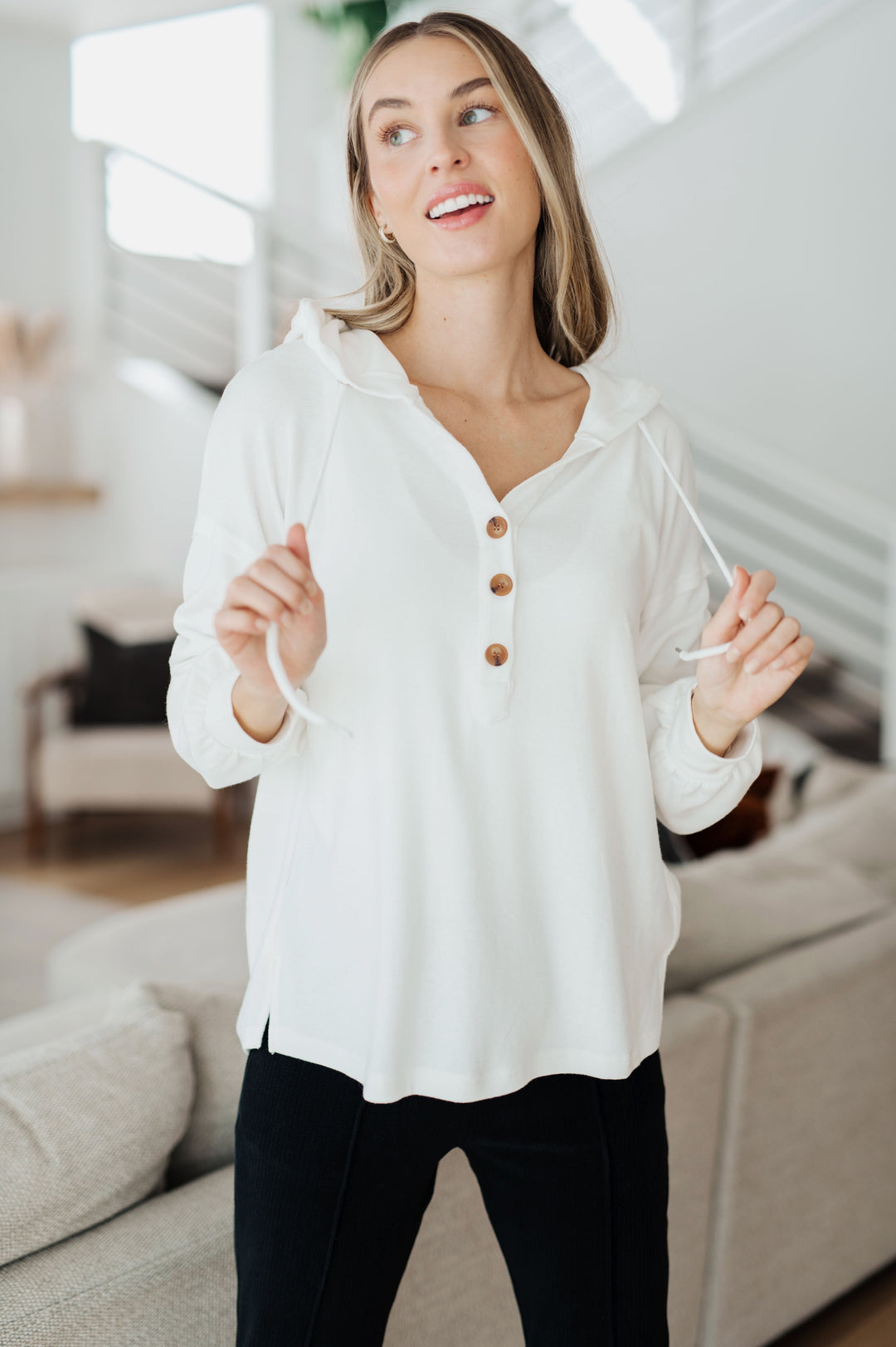 Happier Now Henley Hoodie in Ivory!