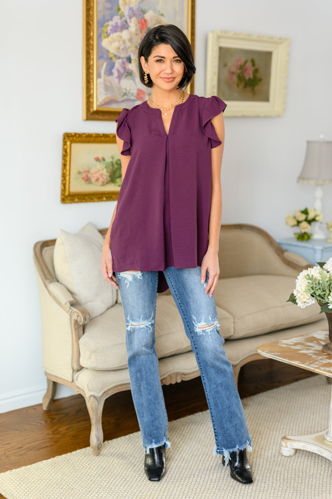 Hopelessly Hopeful Ruffled Sleeve High-Low Blouse!