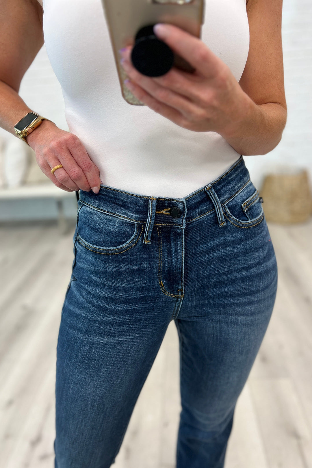 Judy Blue Mid Rise Raw Hem Bootcut Jeans!