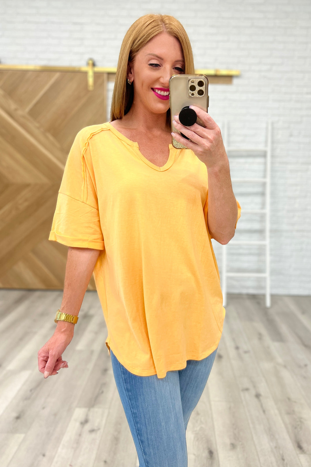 Notched Neck Drop Sleeve Top in Orange!