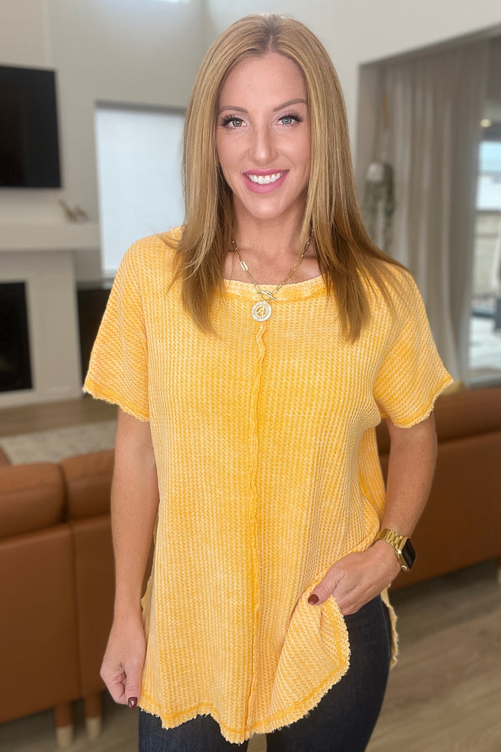 A Wink And A Smile Waffle Knit Top in Yellow Gold!