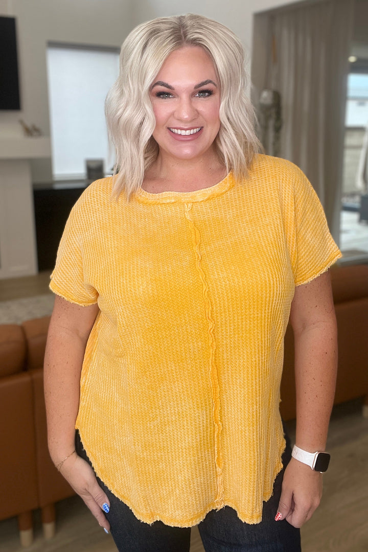 A Wink And A Smile Waffle Knit Top in Yellow Gold!