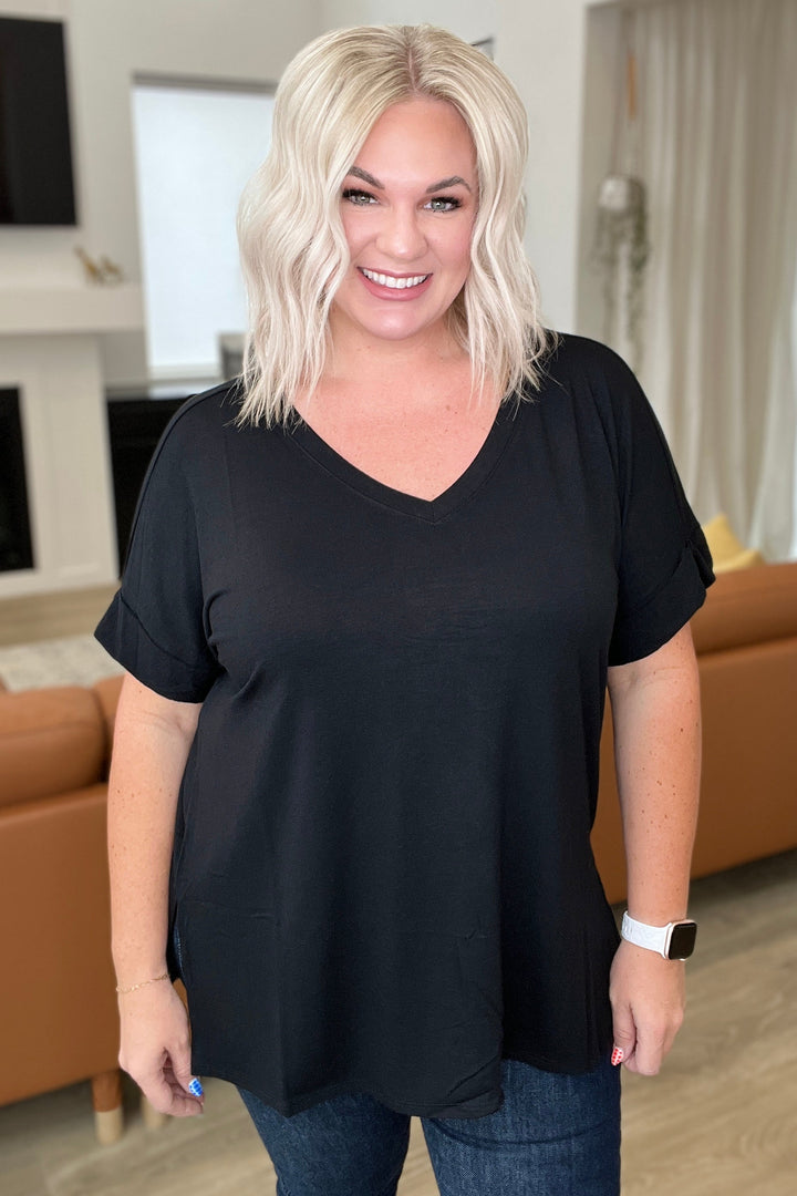 V-Neck Cuffed Sleeve Hi-Low Hem Top in Black!