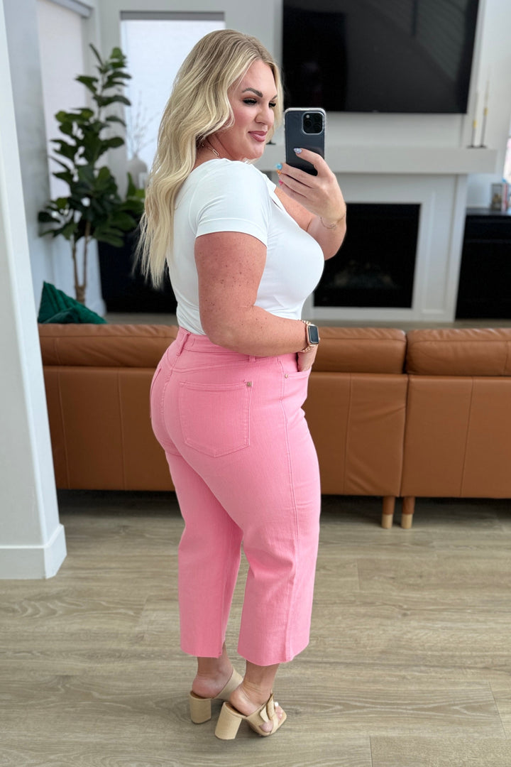 Judy Blue High Rise Control Top Wide Leg Crop Jeans in Pink