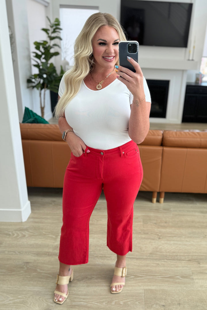 Judy Blue High Rise Control Top Wide Leg Crop Jeans in Red