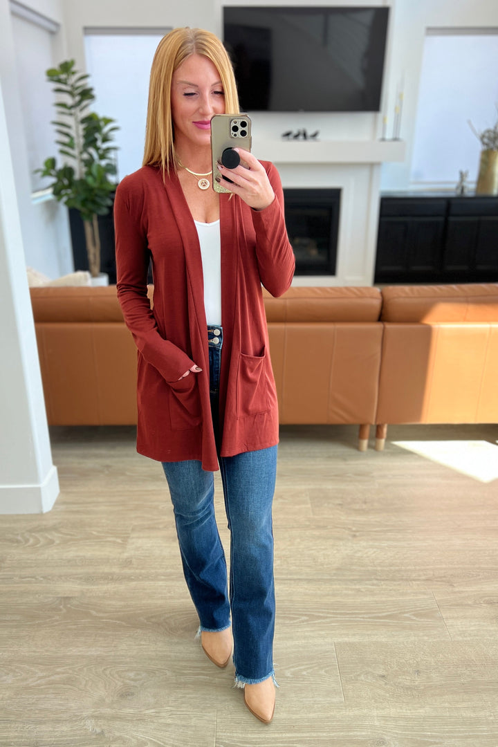 Slouchy Pocket Open Cardigan in Dark Rust!