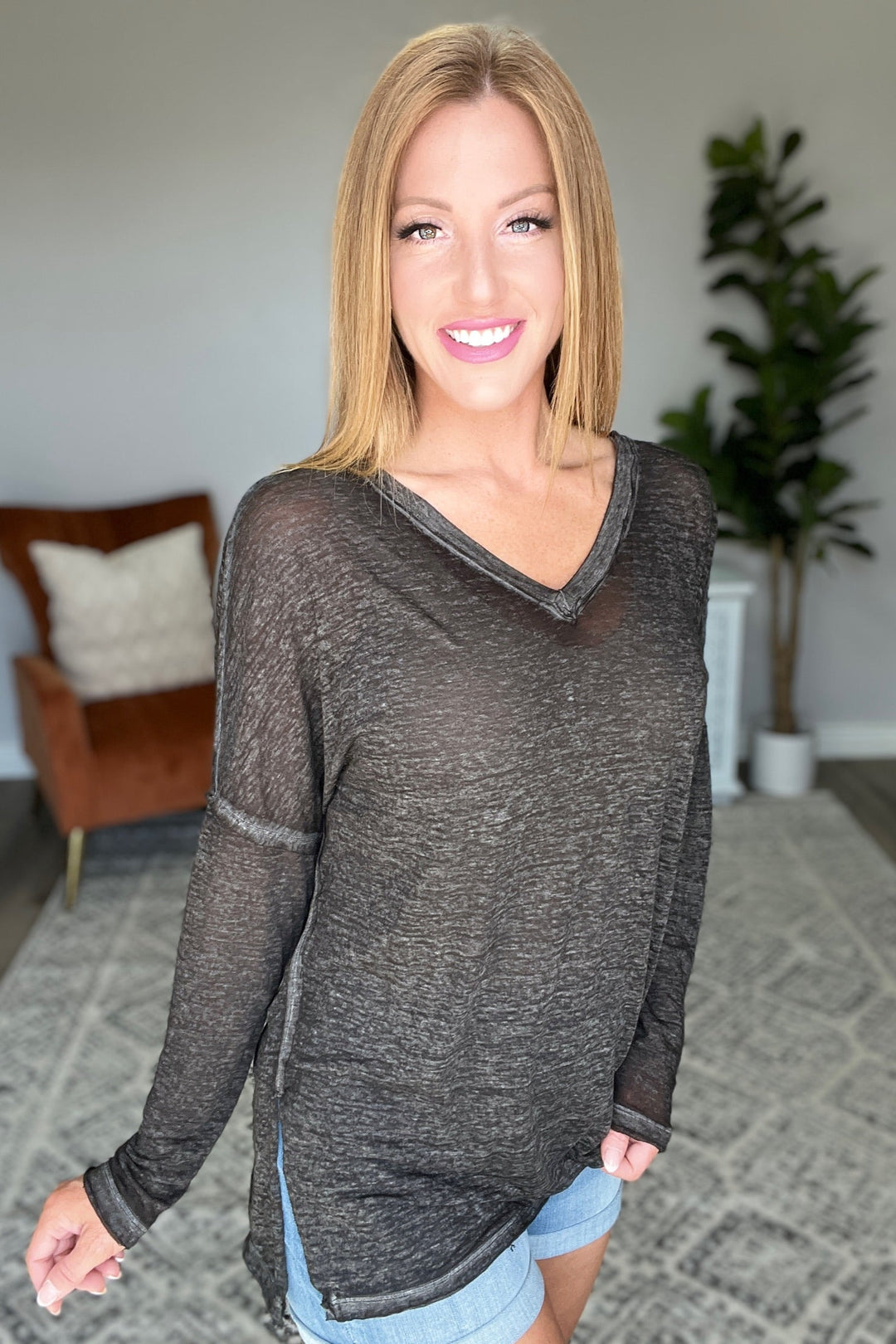 Melange Burnout V-Neck Top in Ash Black!