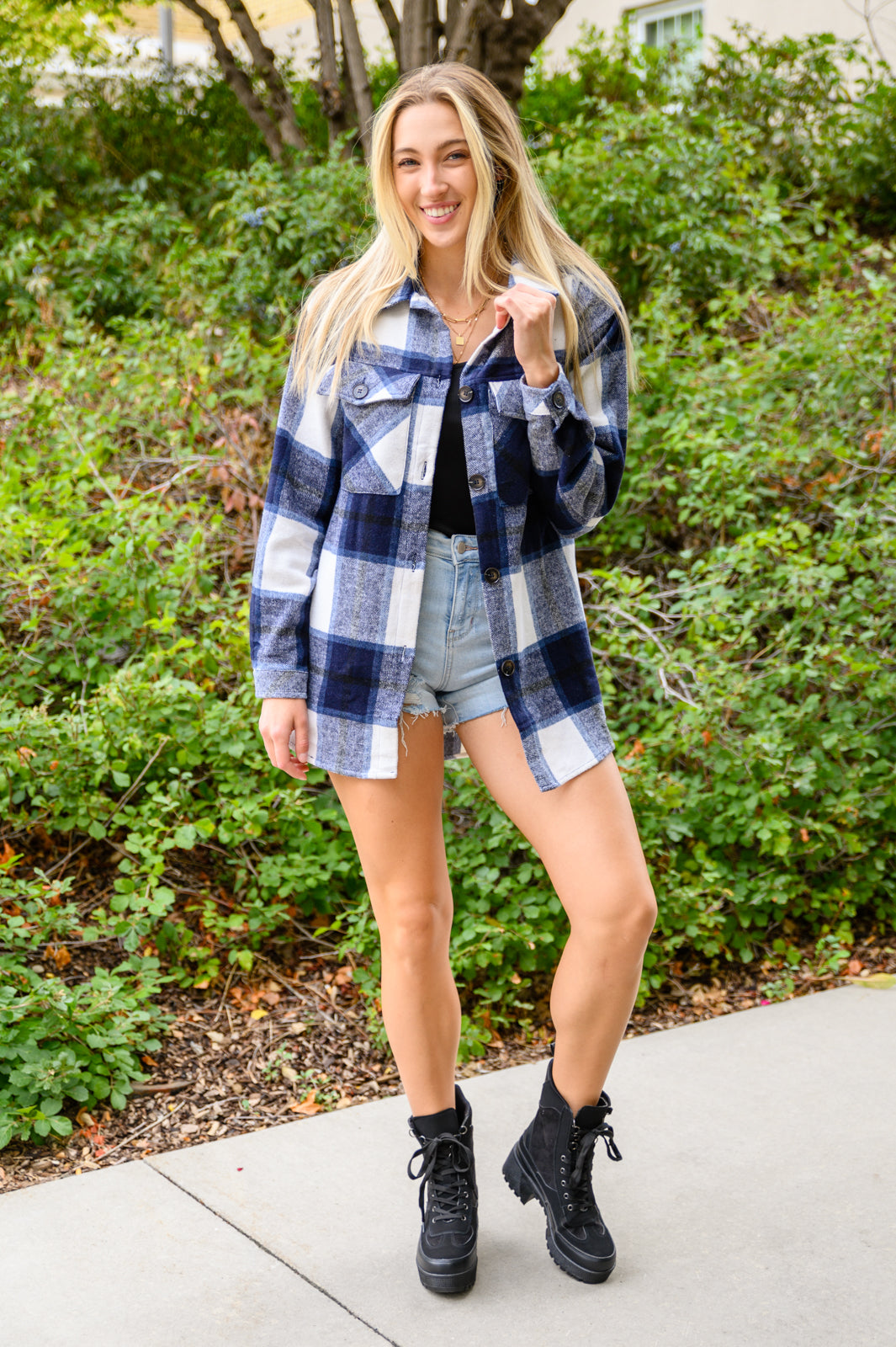 Jayne Brushed Plaid Button Down Shacket In Navy!